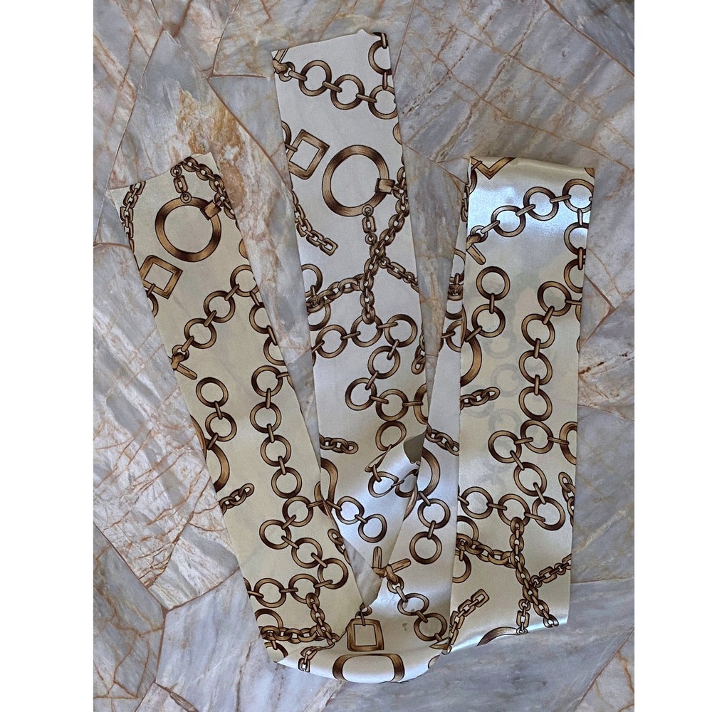Cream Gold Chain Link Print Satin Skinny Scarf Necktie Hair Ribbon 54 Inch